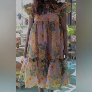 Selkie Pink Floral Midi Dress with Yellow Sunflower Print